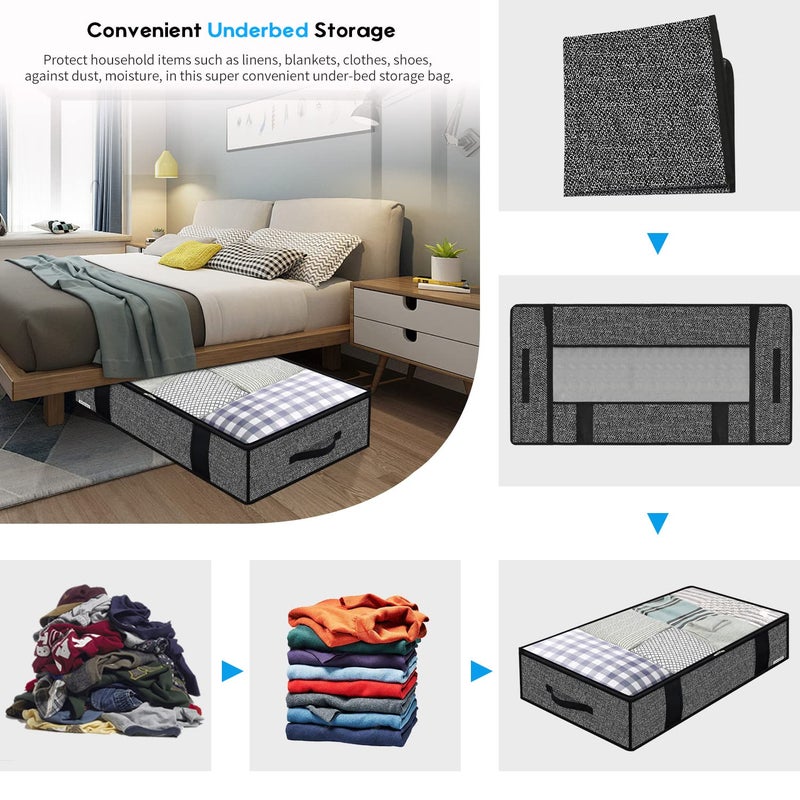 Onlyeasy Foldable Underbed Bags - 2 Pack Blankets Clothes Comforters Storage Bag Breathable Zippered Organizer for Bedroom with Clear Window and 4 Handles, 100 x50 x15cm, Linen-Like Black, MXAUBBP2 - Image 3